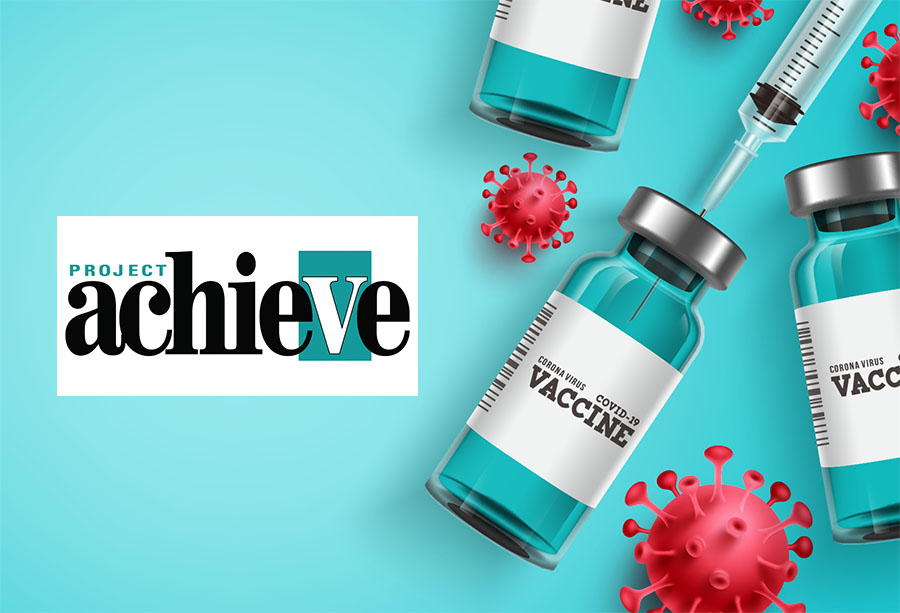 Project Achieve logo with Covid-19 vaccine bottle with syringe and red Covid DNA strand on teal backgroundl