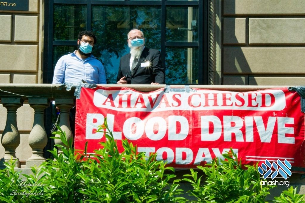 Two masked individuals displaying sign reading "Ahavas Chesed Blood Drive Today"