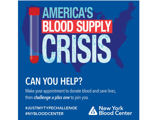 Poster reading America's Blood Supply Crisis. Can you Help? Make your appointment to donate blood and save lives, then challenge a plus one to join you.