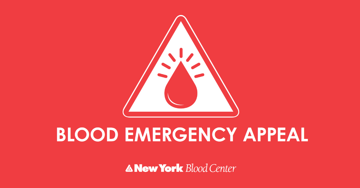 Red poster with white letters and a blood drop logo reading "Blood Emergency Appeal - New York Blood Center"