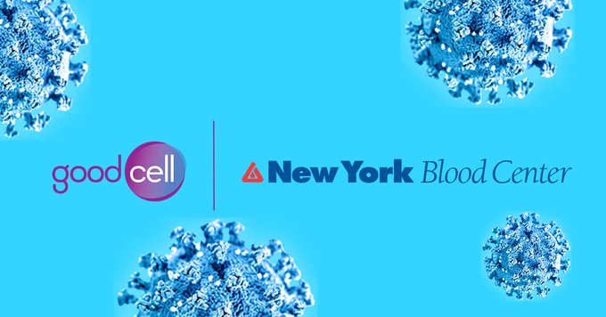 New York Blood Center and goodcell logos on blue background.