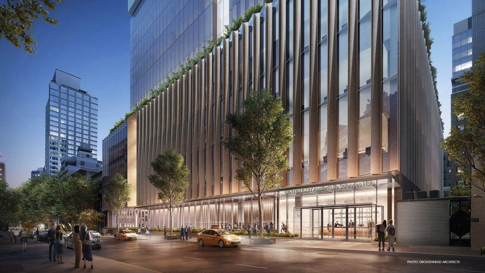 Exterior envisioning of the New York Blood Center Enterprises life sciences hub on the upper east side of New York City.