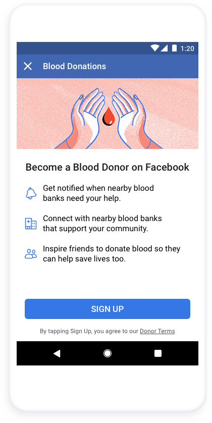 Become a Blood Donor on Facebook Sigh Up infographic.